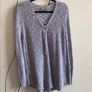 Blueish/grey sweater with tie v-neck